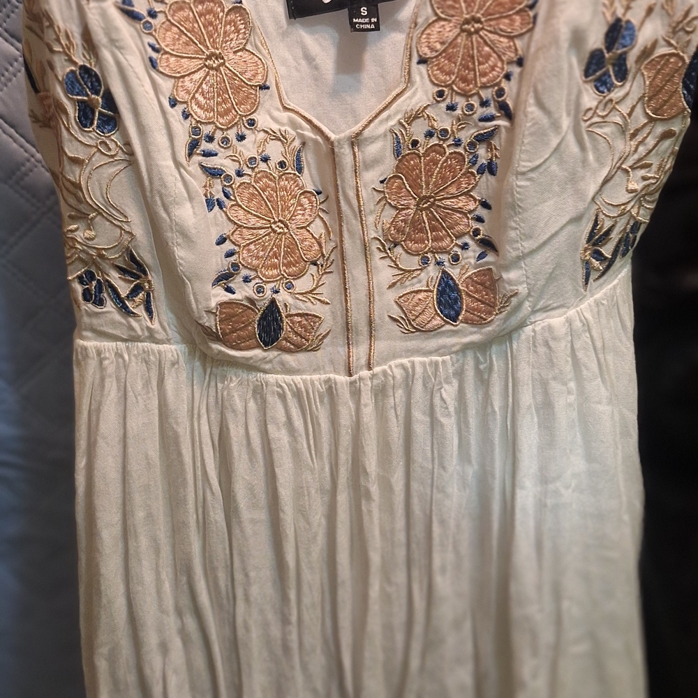 Lulu's Cream Mini Dress with Floral Embroidery